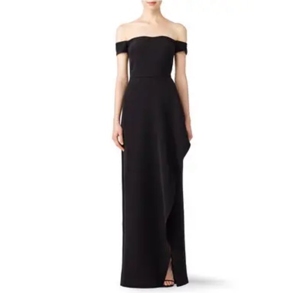 JS COLLECTION Black Off Shoulder Split Cascade Gown Size 6. Classic Glamour. - Picture 1 of 17